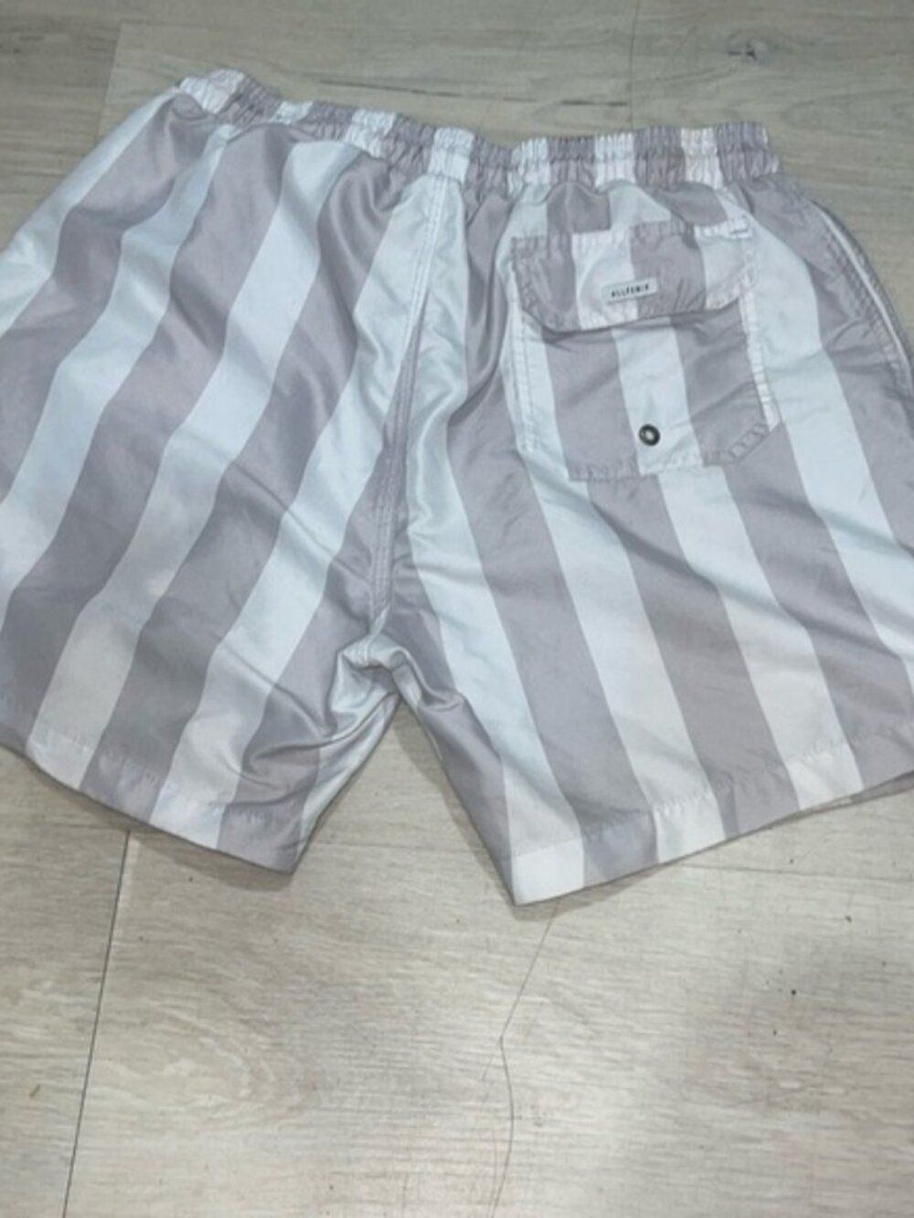 Gray and White Athletic Striped Shorts with Elastic Waistband